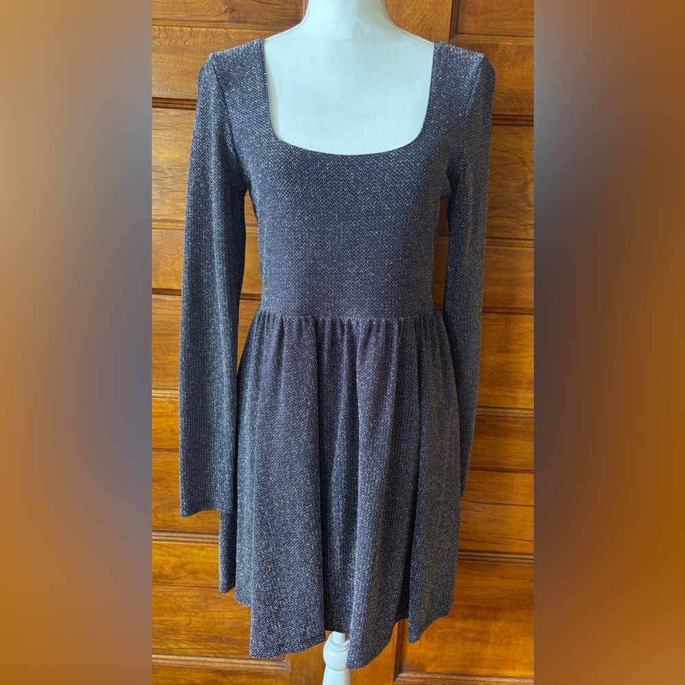 Free People shimmery disco long sleeve mini dress in a blue and silver